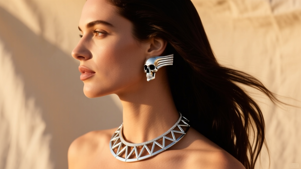 Side profile of a woman wearing a silver Cleopatra necklace, showing proper counterweight placement resting gently at the nape.