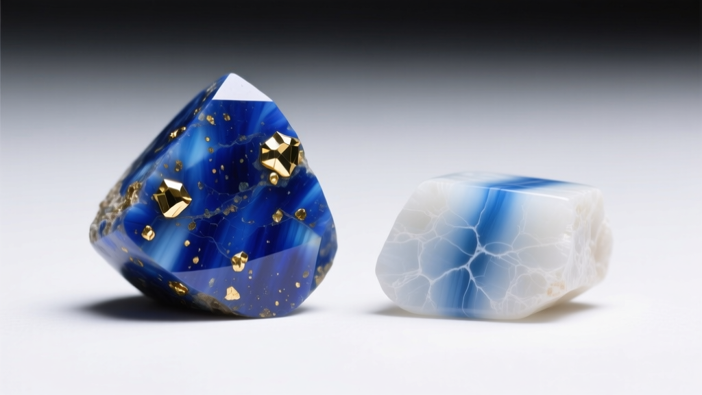Macro shot of genuine lapis lazuli with pyrite inclusions beside a dyed howlite imitation under bright, diffused studio lighting
