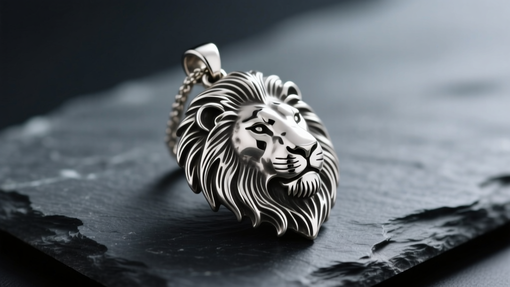 Oxidized sterling silver lion pendant on dark slate, highlighting deep contrasting shadows in the intricately carved mane details