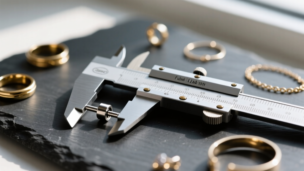 Digital caliper measuring a titanium labret post on a dark slate surface, surrounded by softly blurred body jewelry pieces.