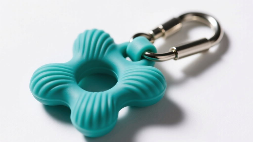 Macro photography of a teal food-grade silicone chewable pendant showing textured surface and reinforced breakaway clasp mechanism.