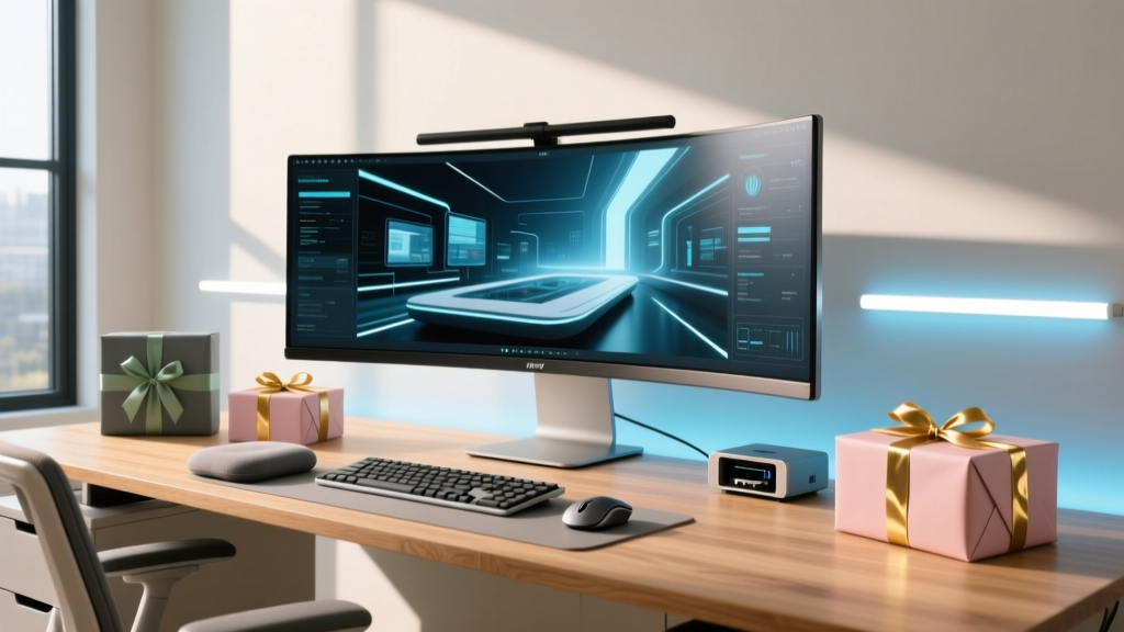 A beautifully lit 2026 home office desk featuring a curved ultrawide monitor, smart ambient lighting, and ergonomic accessories wrapped as gadget presents.