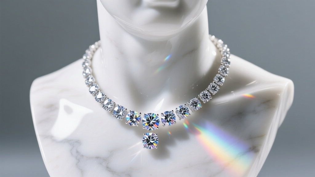 Modern lab-grown diamond tennis necklace draped over a marble bust, showcasing high refractive index and brilliant light return