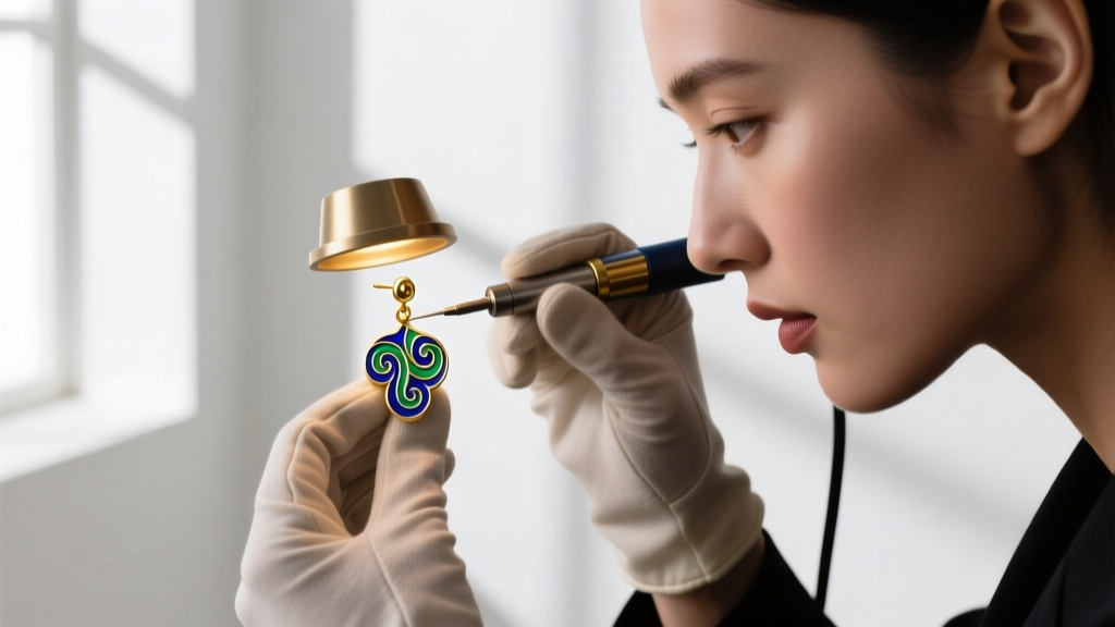 Jeweler using a precision laser welder to reattach a broken 20-gauge gold earring post while protecting the cold enamel from heat