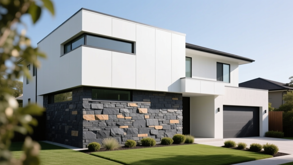 Modern home exterior with charcoal faux stacked stone veneer panels at the base contrasting with white fiber cement siding