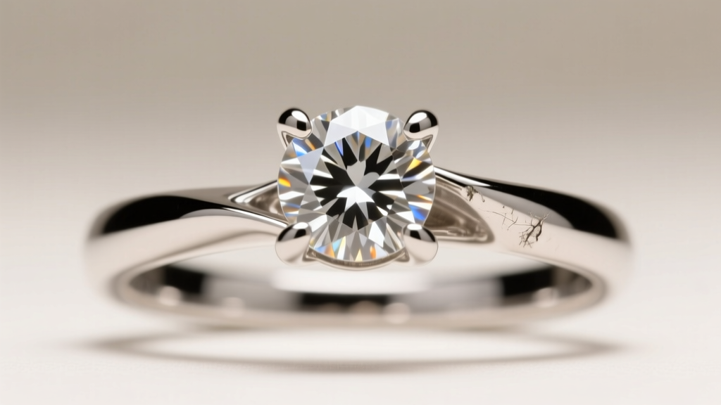 Extreme macro shot of a four-prong platinum setting holding a diamond, revealing slight wear on one prong tip under bright light