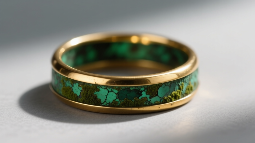 Macro shot of a tarnished brass ring showing green oxidation near the inner band, contrasted with a bright polished outer gold surface.