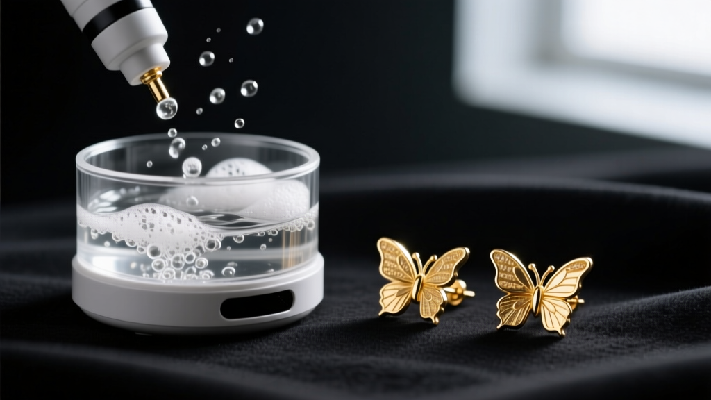 Ultrasonic jewelry cleaner vibrating with water beside a pair of detached 18k gold butterfly earring friction backs on a dark mat