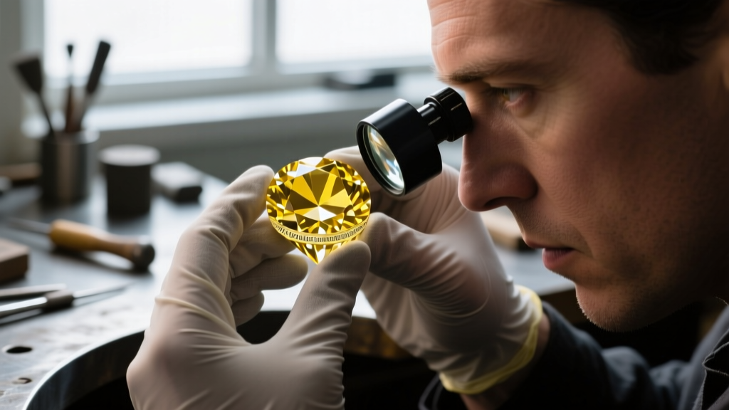 Macro photography of a jeweler using a 10x loupe to inspect the girdle inscription of a large fancy vivid yellow diamond