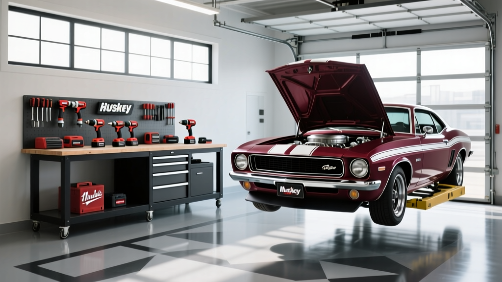 A pristine, well-lit two-car garage featuring a Husky workbench, Milwaukee M18 tools, and a classic muscle car on a lift in 2026.