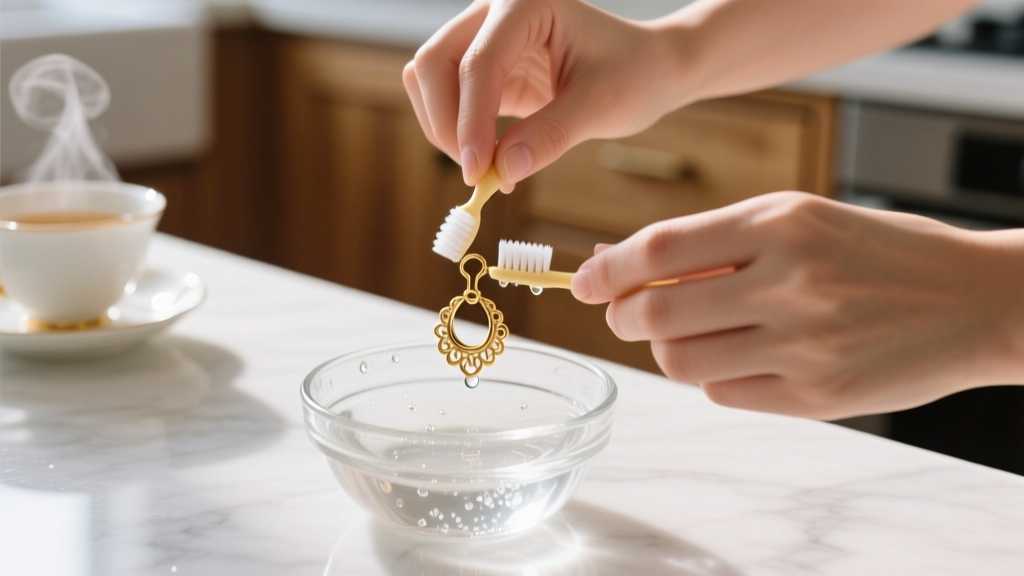 Hands gently cleaning a delicate gold paperclip earring with a soft baby toothbrush and soapy water in a small clear glass bowl.