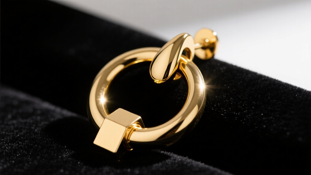 Close-up of a 14k yellow gold door knocker earring on dark velvet, showing the polished drop and sturdy omega clasp.