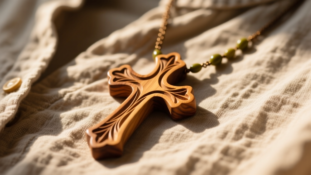 Close-up of a carved olive wood cross necklace on a rustic linen shirt, highlighting natural grain patterns in warm sunlight.