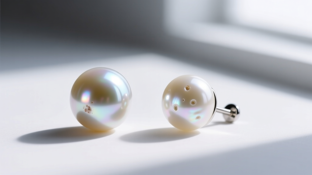 Macro comparison of a blemished low-luster freshwater pearl and a pristine Akoya pearl stud, highlighting differences in sharp light reflection.
