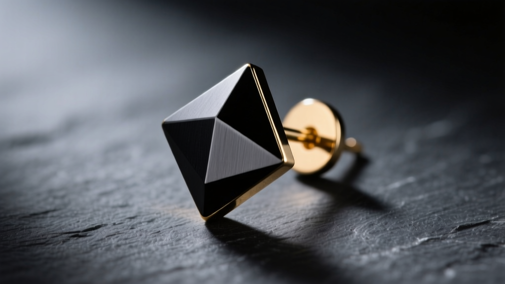 Close-up of an 18k black PVD gold geometric stud earring on dark slate, highlighting the matte finish under moody studio lighting.
