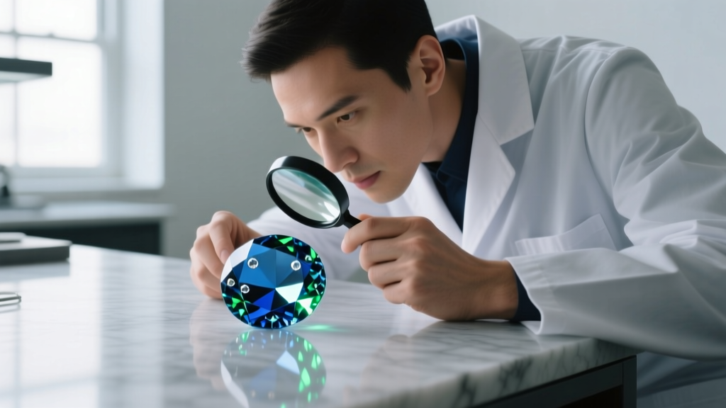 Jeweler using a 10x loupe to examine rounded facet junctions and tiny air bubbles inside a leaded glass paste diamond simulant.