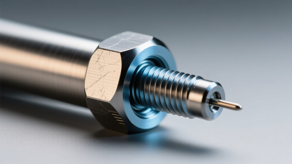 Macro view of a titanium internally threaded post and threadless push-pin end, highlighting the secure connection mechanism clearly