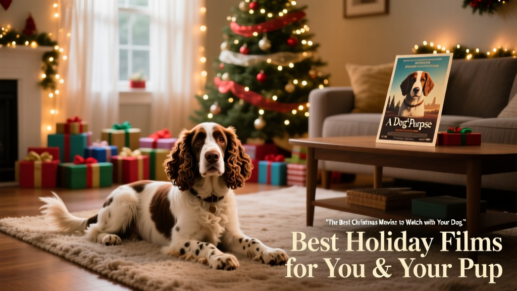 Friendly spaniel resting calmly in a festive living room with soft lighting and wrapped gifts