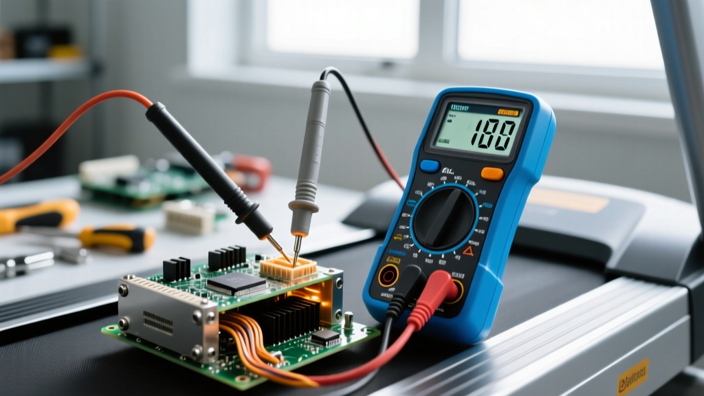 Digital multimeter probing power supply terminals of a disassembled home treadmill console to measure electrical wattage and voltage.