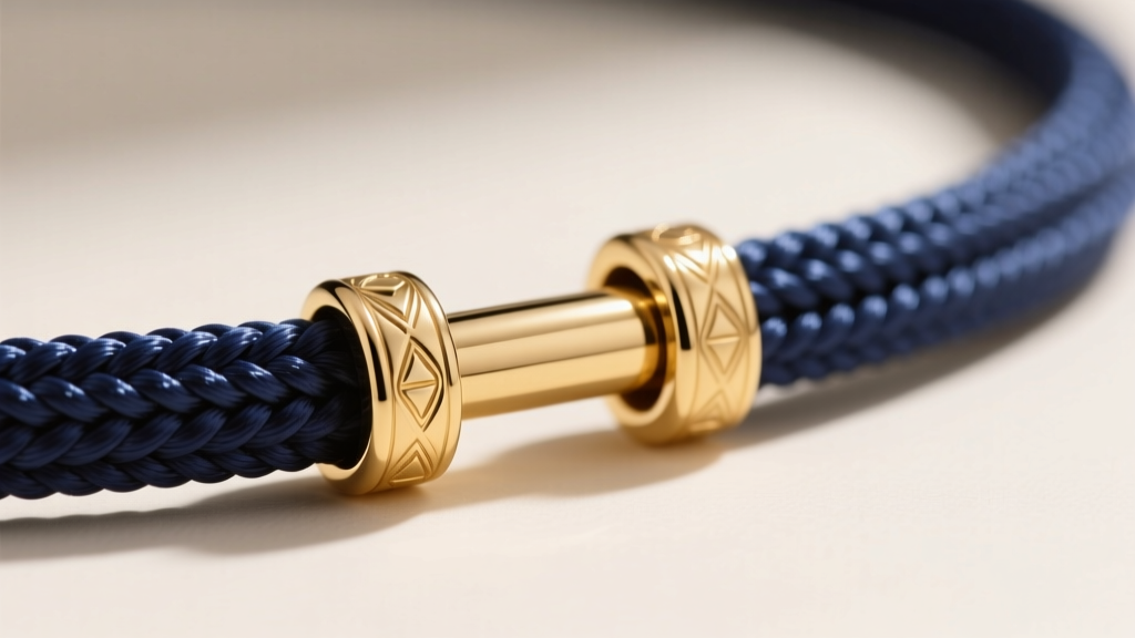 Detailed view of a high-end puka necklace clasp, featuring a 14k gold barrel clasp securely tied to a braided micro-nylon cord.