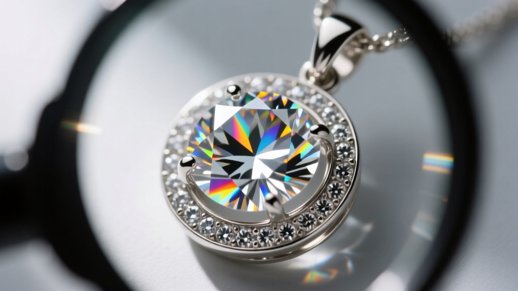 Macro shot of moissanite stones set in a silver clock pendant bezel, showing brilliant light refraction under a jewelers loupe.