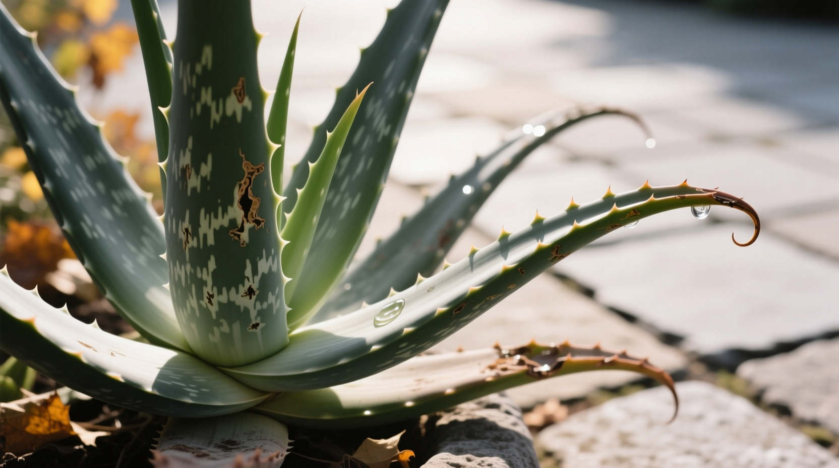 Late autumn outdoor aloe vera showing translucent leaf tips after 45°F night indicating humidity-exacerbated cold damage below safe threshold