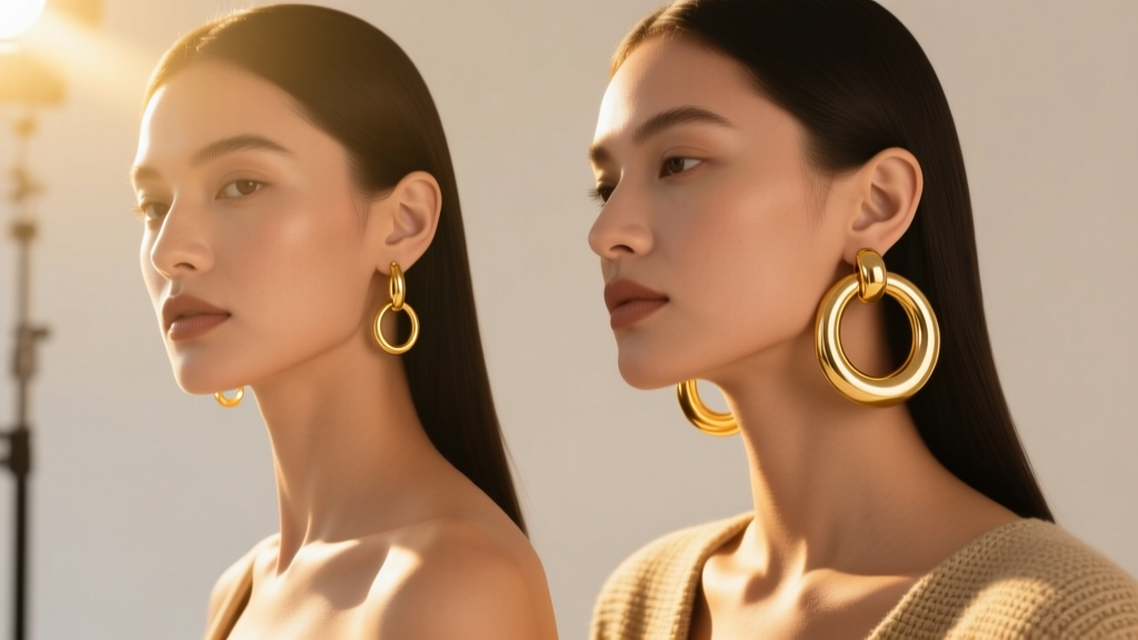Two models with contrasting face shapes wearing varied sizes of a gold hoop earring set, lit by warm directional golden sunlight.