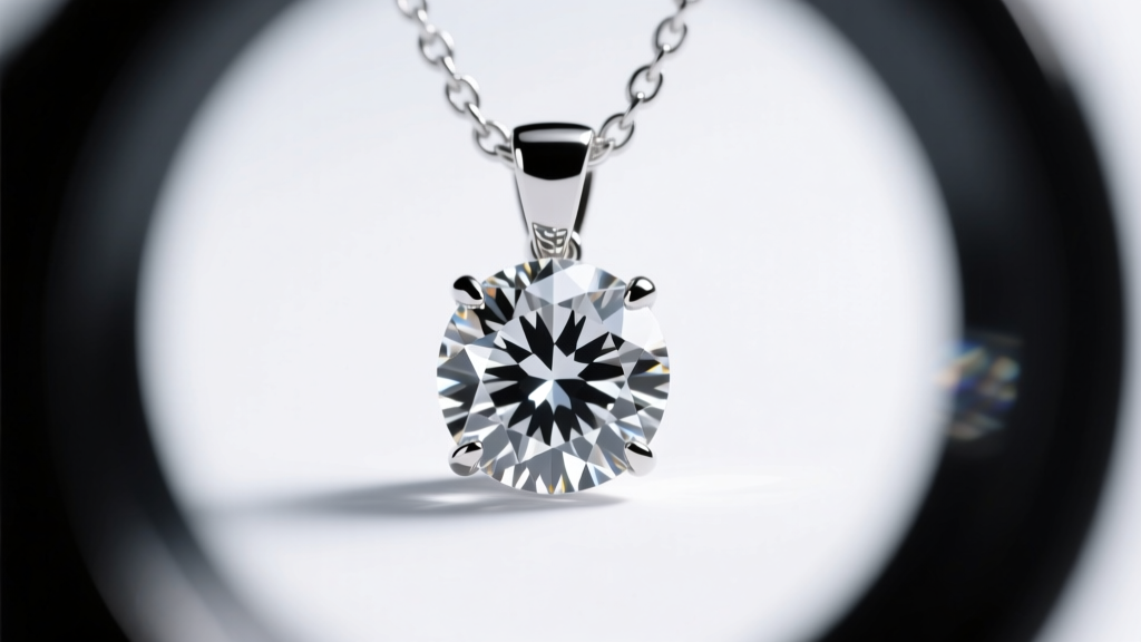 Jewelry loupe examining a 1-carat I1 clarity natural diamond pendant, revealing visible carbon inclusions under bright studio light