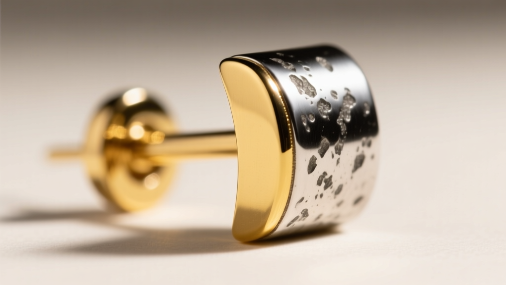 Macro shot of a two-tone earring post showing the distinct boundary between polished 18k yellow gold and oxidized sterling silver metal