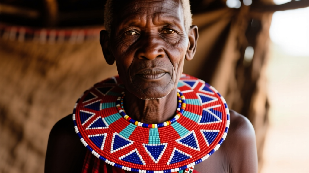 Vibrant Maasai beaded collar necklace with intricate geometric patterns in red, blue, and white glass seed beads on dark skin.