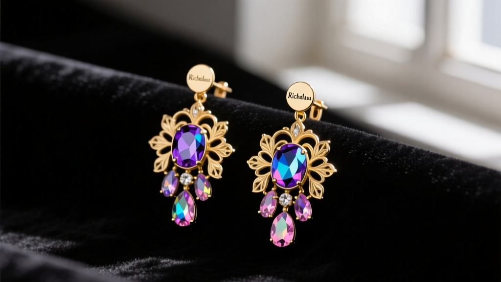 Close-up of vintage Richelieu clip-on earrings with aurora borealis rhinestones in a gold-tone floral setting on dark velvet.