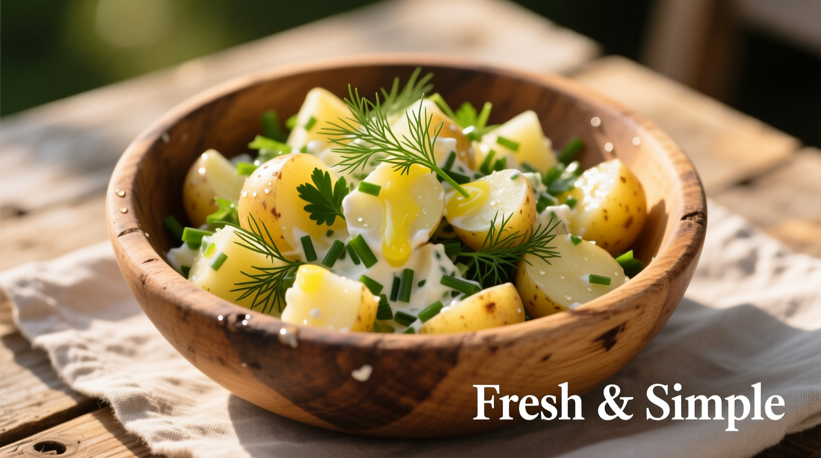 Fresh dill potato salad in wooden bowl with herbs