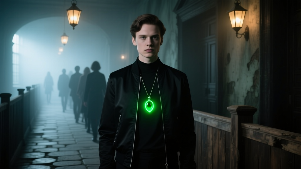 Guest wearing a bright green glowing no-scare pendant over a black jacket in a dimly lit, foggy haunted house queue line