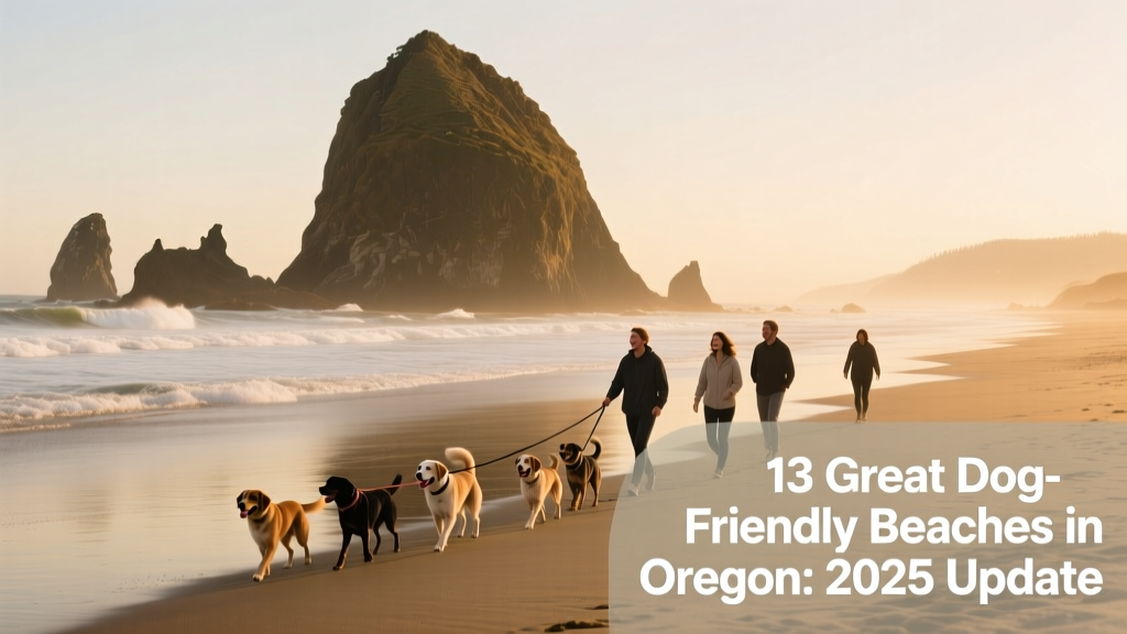 Wide shot of Cannon Beach with Haystack Rock rising from the surf and a few leashed dogs walking along the shore