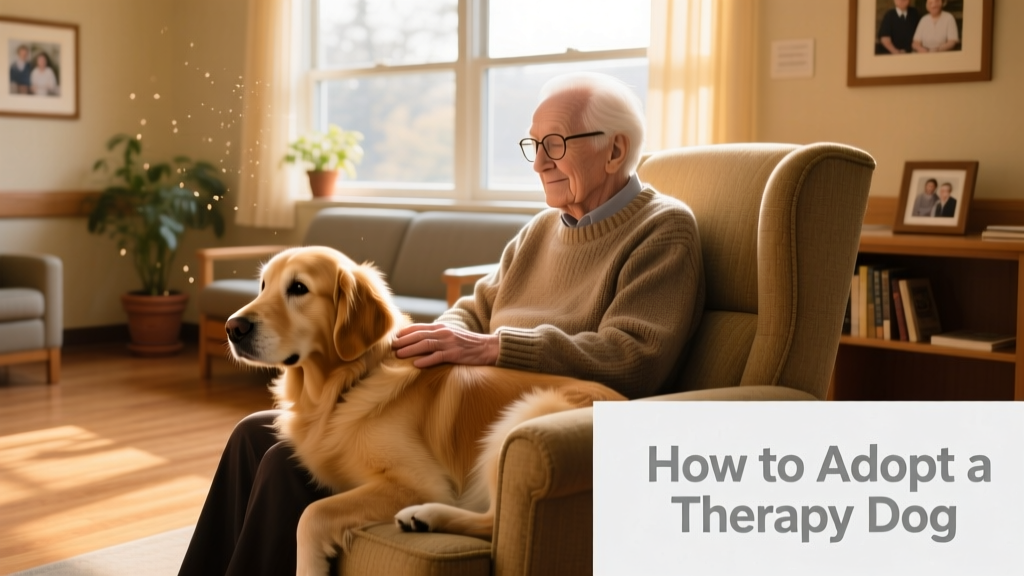 A calm, gentle golden retriever resting beside an elderly person in a sunlit nursing home lounge