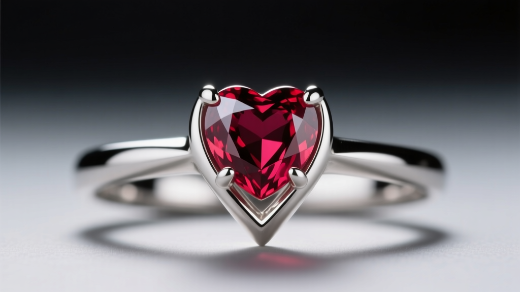 Close-up of a platinum setting securing a heart ruby, highlighting the protective V-prong at the gemstone