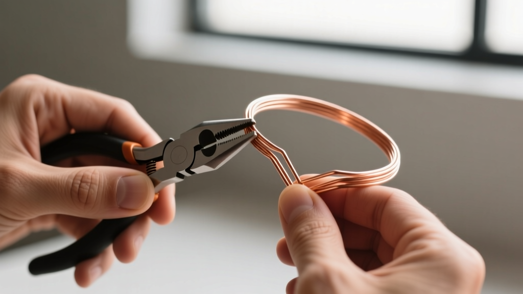 Close-up of hands using nylon jaw pliers to bend 18-gauge dead soft copper wire into a structural bangle frame.