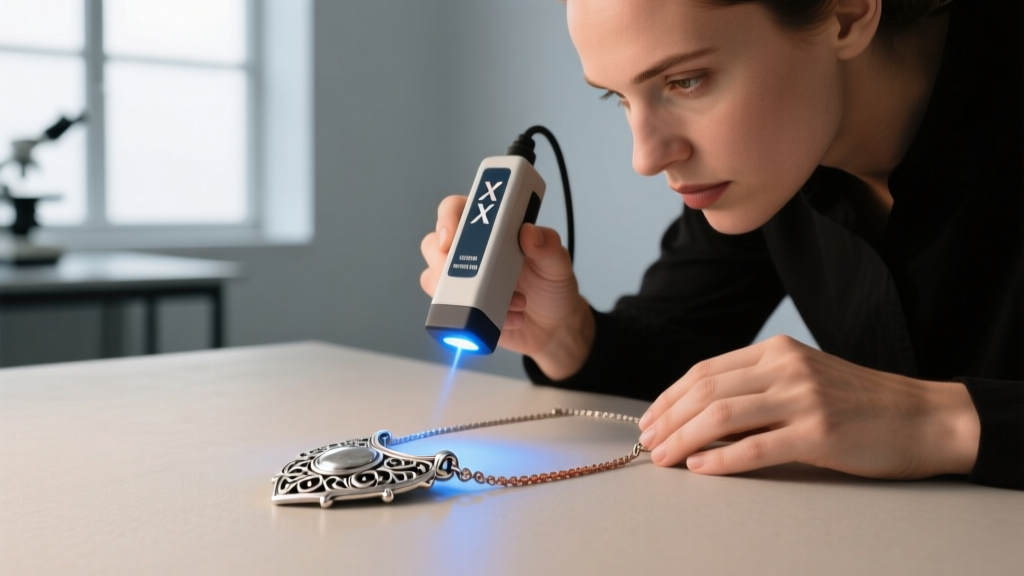 Jeweler using an X-ray fluorescence spectrometer to test the exact silver and copper purity of a vintage 925 pendant necklace