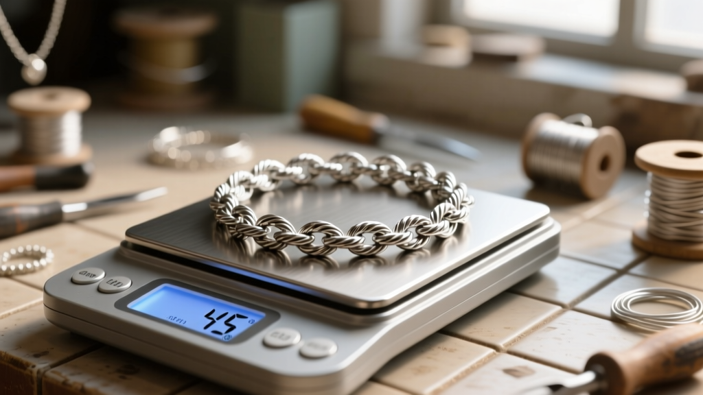 Close-up of a 4mm steel rope chain on a digital scale, showing 45 grams against a softly blurred jewelry workshop background