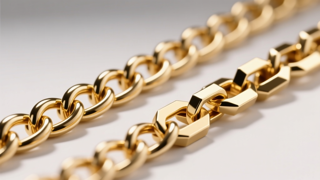 Macro shot of a 1.2mm gold rolo chain beside a box chain, showing link thickness and structure under bright studio lighting.