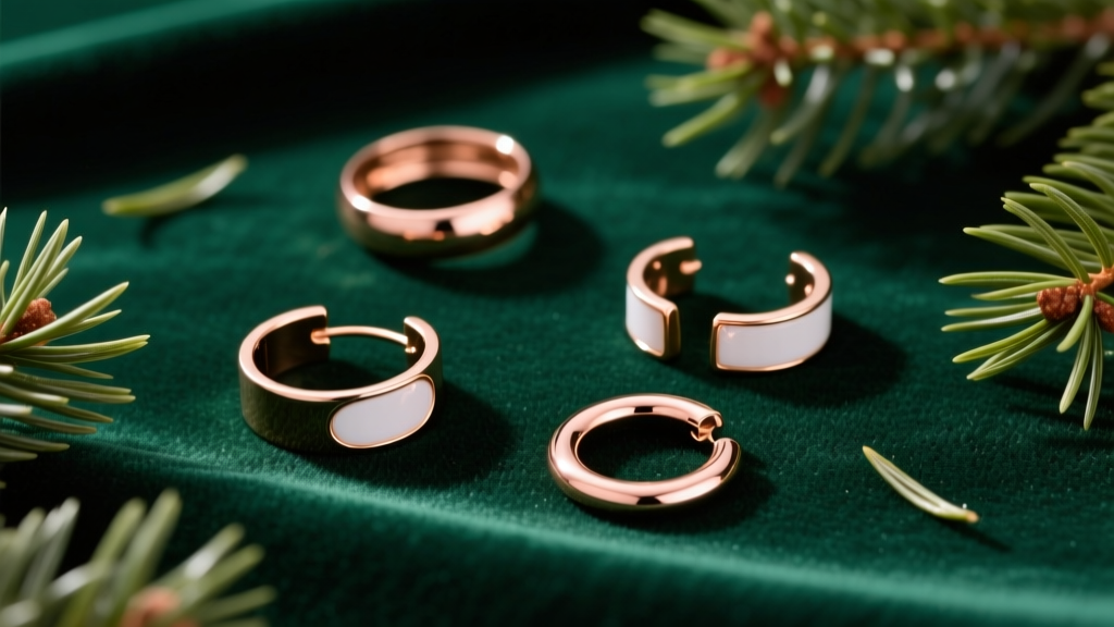 Flat lay of festive ear cuffs and huggies in rose gold and enamel, arranged on dark green velvet with scattered pine needles