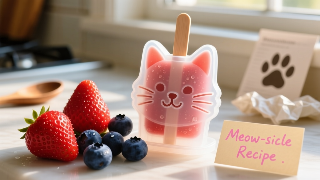 Close-up of vibrant red strawberries and blueberries arranged beside a silicone popsicle mold