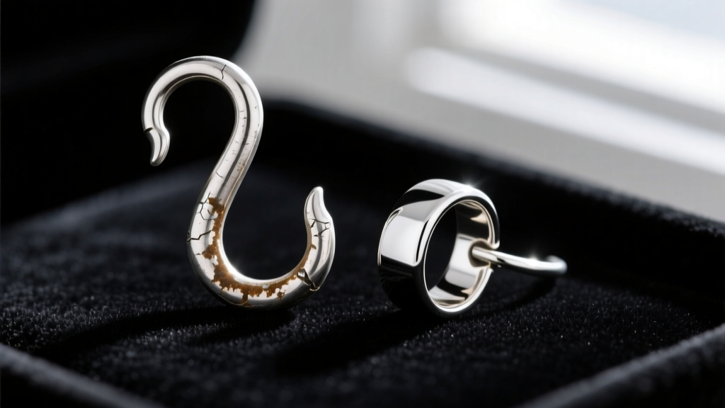 Macro photography comparing a tarnished traditional sterling silver hook beside a bright Argentium silver ear wire on a dark velvet