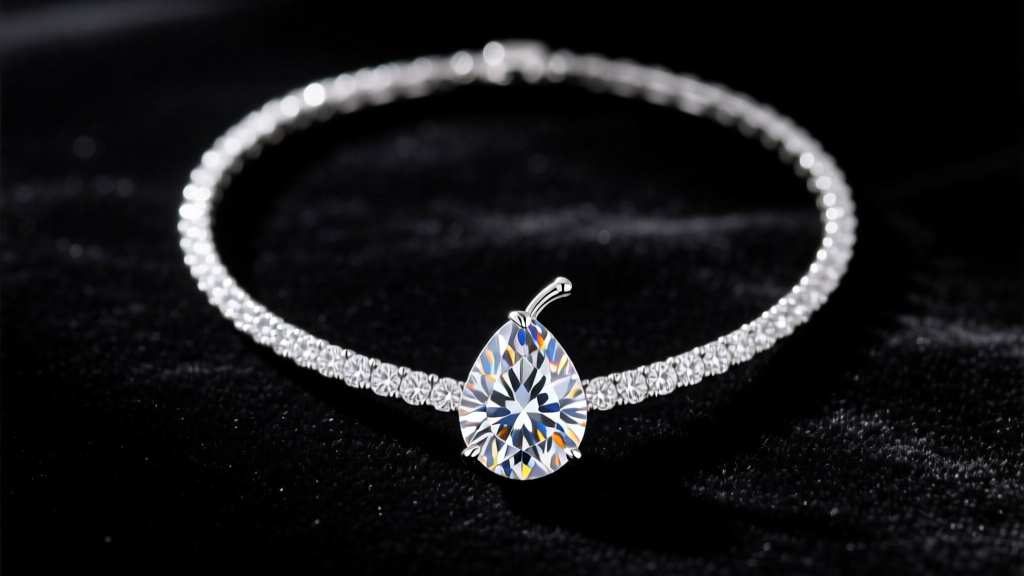 Pear-shaped diamond bridal necklace in a platinum halo setting on dark velvet, shot from above for a luxury rental catalog.