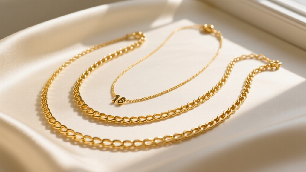 Elegant flat lay of five gold necklace chains of varying lengths from 14 to 30 inches arranged on a cream silk fabric background.