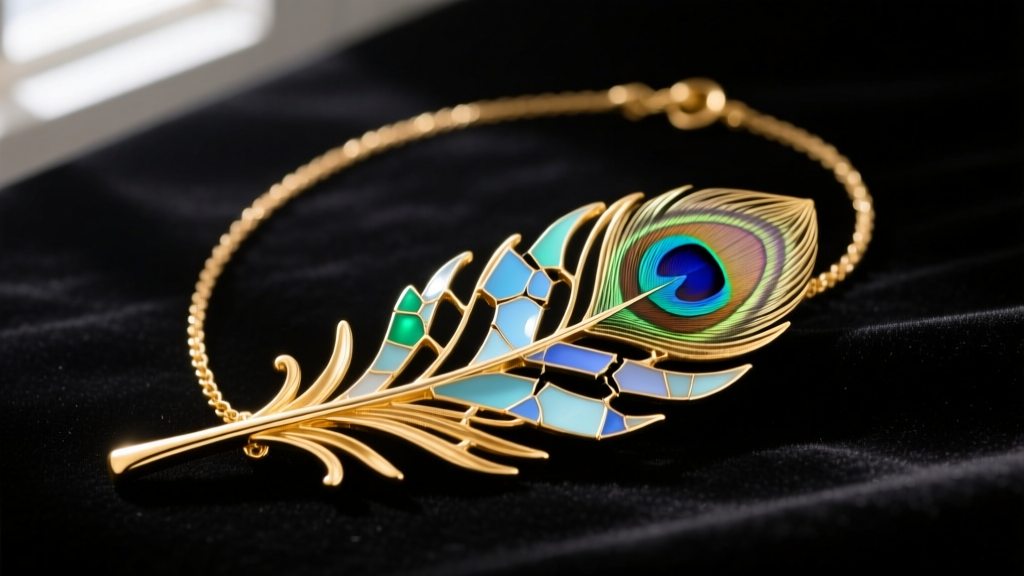Gold peacock necklace on dark velvet, showcasing a cracked plique-à-jour enamel feather caused by severe thermal shock damage.