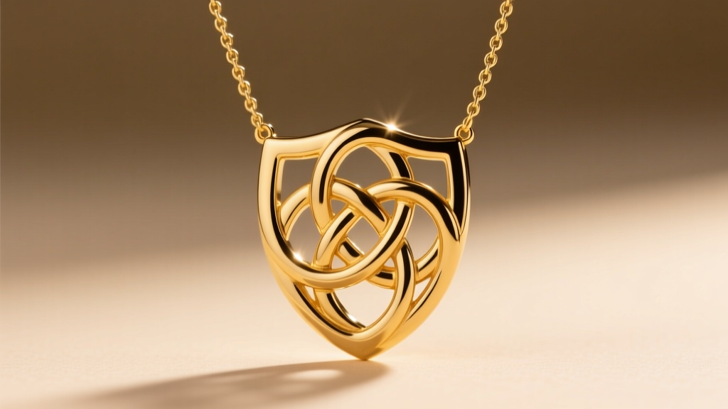 Close-up of 14k gold Celtic shield knot necklace on 2mm wheat chain, showing high-polish finish under warm studio lighting setup