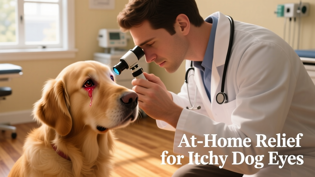 Veterinarian gently examining a dog's eye with an ophthalmoscope during a clinic visit
