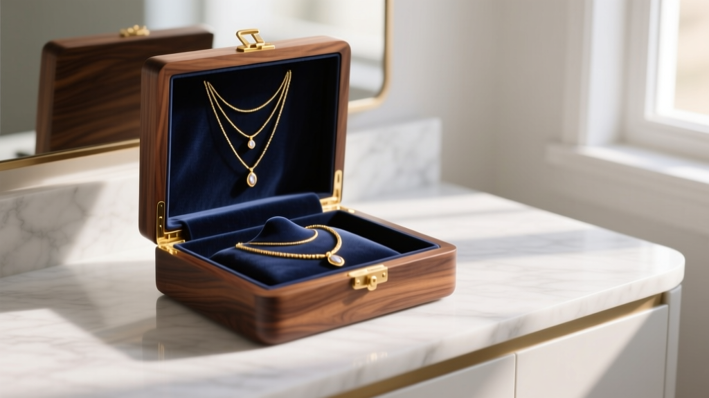 Walnut wooden jewelry case open on a marble vanity, revealing navy velvet lining and gold necklaces in soft morning light.
