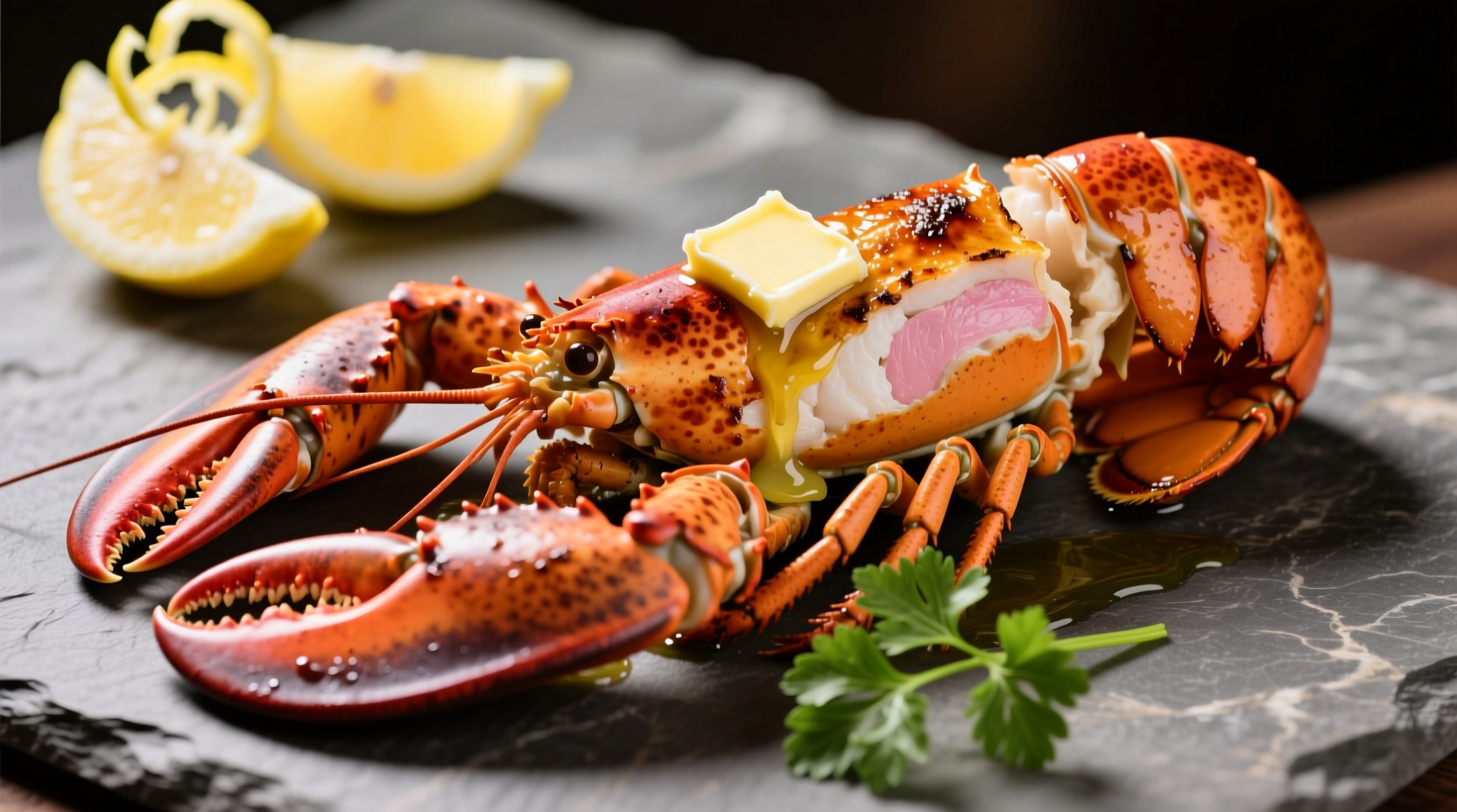 Broiled lobster tail with butter and lemon garnish
